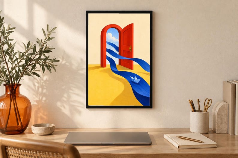 May include: A framed wall art print featuring a surreal illustration of a bright red arched door standing on a yellow surface. A blue ribbon-like stream flows from the open door across the yellow ground, carrying a small white paper boat.
