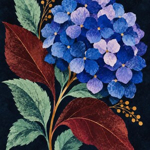 May include: A botanical illustration of a large hydrangea flower head with blue and purple petals, set against a dark navy background. The plant features textured green and deep red leaves, along with thin stems ending in small yellow berries.