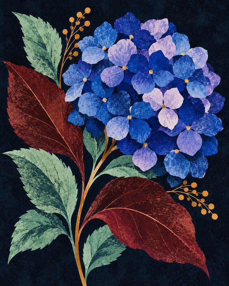 May include: A botanical illustration of a large hydrangea flower head with blue and purple petals, set against a dark navy background. The plant features textured green and deep red leaves, along with thin stems ending in small yellow berries.
