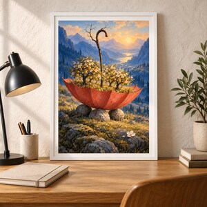 May include: A framed wall art print depicting a surreal landscape where a large red umbrella rests on mossy rocks. Inside the umbrella, two small flowering trees grow alongside a tall, curved wooden staff. The background features mountains.