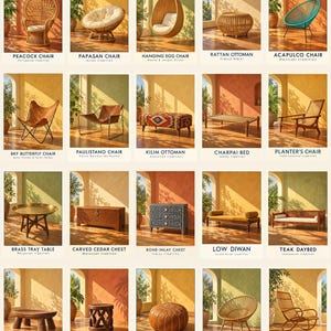 May include: A collection of twenty furniture pieces displayed in a grid, including various chairs, stools, chests, and tables. Each item is labelled with its name and origin, such as Peacock Chair, Papasan Chair, Hanging Egg Chair, and others.