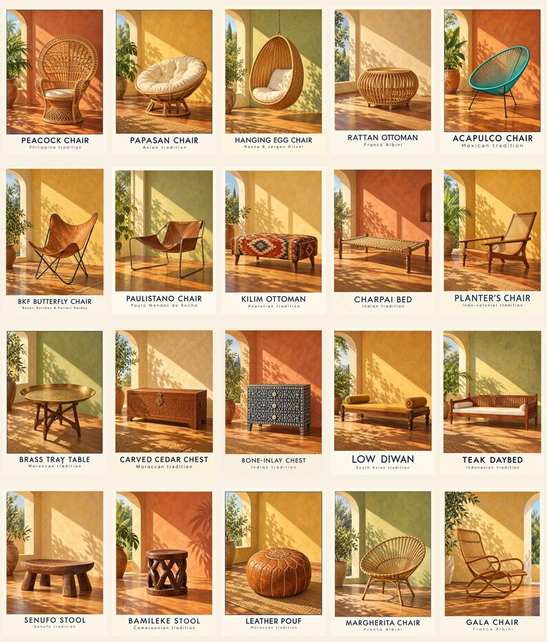 May include: A collection of twenty furniture pieces displayed in a grid, including various chairs, stools, chests, and tables. Each item is labelled with its name and origin, such as Peacock Chair, Papasan Chair, Hanging Egg Chair, and others.