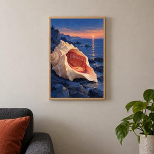May include: A framed wall art print depicting a large, cream-colored conch shell resting on dark coastal rocks. The interior of the shell reveals a red, tiered amphitheater overlooking a calm ocean at sunset with a glowing orange sun on the horizon.