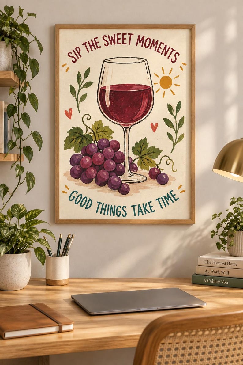 May include: A rectangular wall art print in a wooden frame featuring a glass of red wine, a cluster of purple grapes, green leaves, a yellow sun, and small red hearts. The text reads SIP THE SWEET MOMENTS at the top and GOOD THINGS TAKE TIME at the bottom.