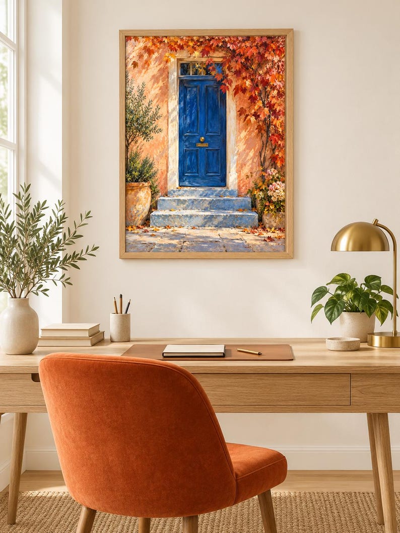 May include: A framed wall art print depicting a vibrant blue door set into a peach-coloured wall, surrounded by autumn foliage in shades of red and orange. The scene includes stone steps leading to the entrance and potted plants on either side.