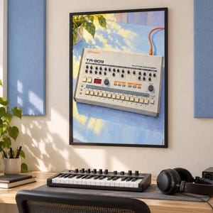 Roland TR-909 väggkonsttryck, färgglad trummaskinsaffisch, digital nedladdning i A3-format bild 1