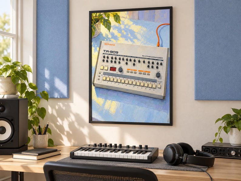Roland TR-909 väggkonsttryck, färgglad trummaskinsaffisch, digital nedladdning i A3-format bild 1