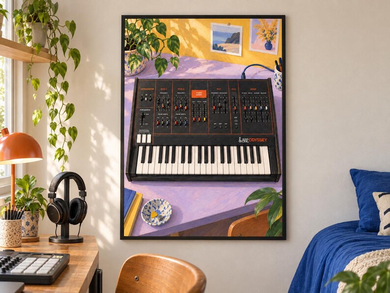 May include: A framed wall art print depicting an ARP Odyssey analog synthesizer with a black chassis, orange text, and a white and black keyboard. The synthesizer is set on a light purple desk surface with a small bowl and books nearby.