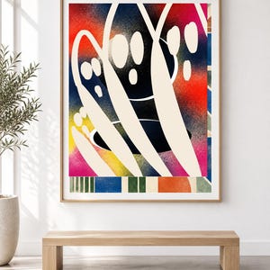 May include: A framed rectangular wall art print featuring a vibrant abstract composition with a spray-painted gradient background in red, blue, yellow, and pink, overlaid with bold, curved, off-white shapes and a bottom border of colorful stripes.