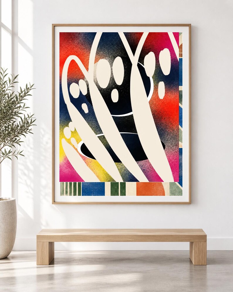 May include: A framed rectangular wall art print featuring a vibrant abstract composition with a spray-painted gradient background in red, blue, yellow, and pink, overlaid with bold, curved, off-white shapes and a bottom border of colorful stripes.