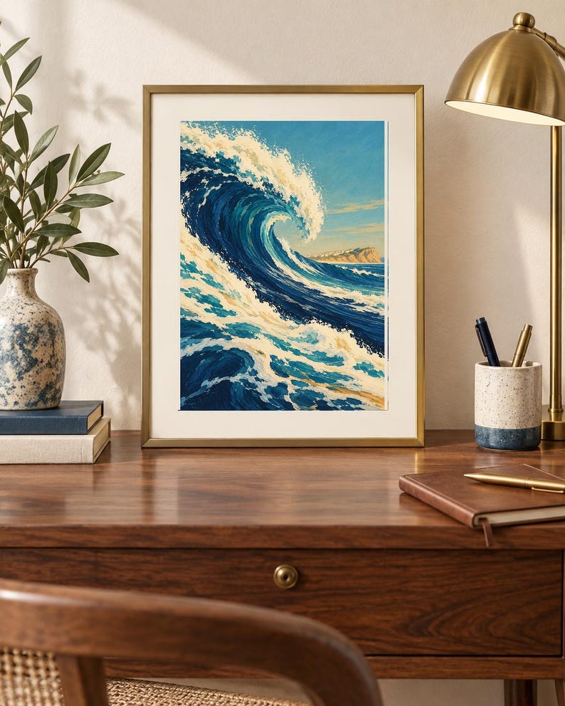 May include: A framed art print featuring a large, curling ocean wave in shades of deep blue, turquoise, and white foam. The painting depicts a dynamic sea scene with a distant rocky coastline under a clear sky, enclosed in a thin gold frame.