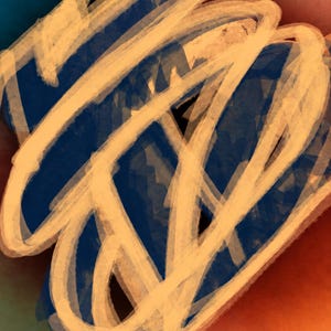 May include: An abstract digital artwork featuring bold, overlapping strokes of pale yellow paint layered over a deep blue background. The composition includes subtle gradients of red and teal at the edges, creating a textured, layered visual effect.