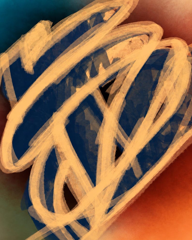 May include: An abstract digital artwork featuring bold, overlapping strokes of pale yellow paint layered over a deep blue background. The composition includes subtle gradients of red and teal at the edges, creating a textured, layered visual effect.