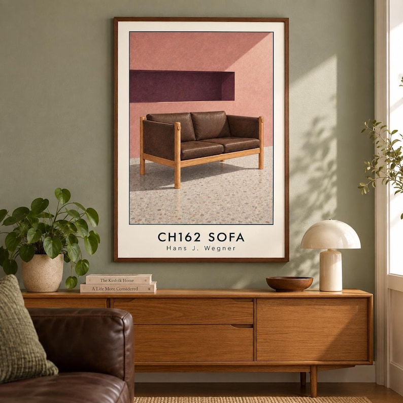 Op de afbeelding: Een ingelijste wandkunstprint met een bruine leren bank met een lichthouten frame, tegen een roze en paarse muur. De tekst CH162 SOFA Hans J. Wegner staat in het zwart gedrukt onderaan de poster met witte rand.