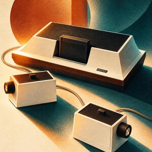 May include: A vintage Magnavox Odyssey video game console featuring a beige and wood-grain housing with a black top panel. The unit includes two rectangular controllers with black top surfaces and side-mounted circular control knobs.