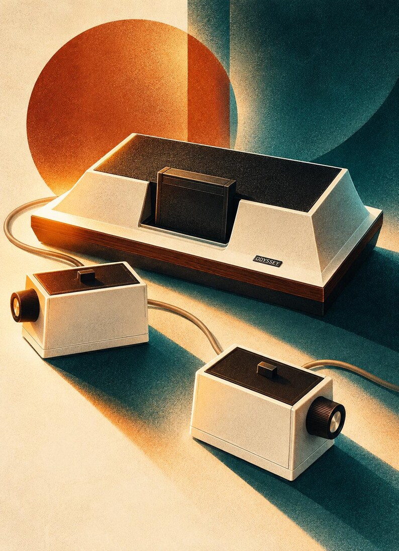May include: A vintage Magnavox Odyssey video game console featuring a beige and wood-grain housing with a black top panel. The unit includes two rectangular controllers with black top surfaces and side-mounted circular control knobs.