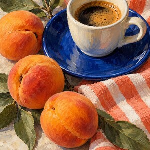 May include: An oil painting depicting three ripe orange peaches with green leaves arranged next to a white ceramic cup filled with dark coffee on a vibrant blue saucer, all resting upon a textured cloth featuring orange and white stripes.
