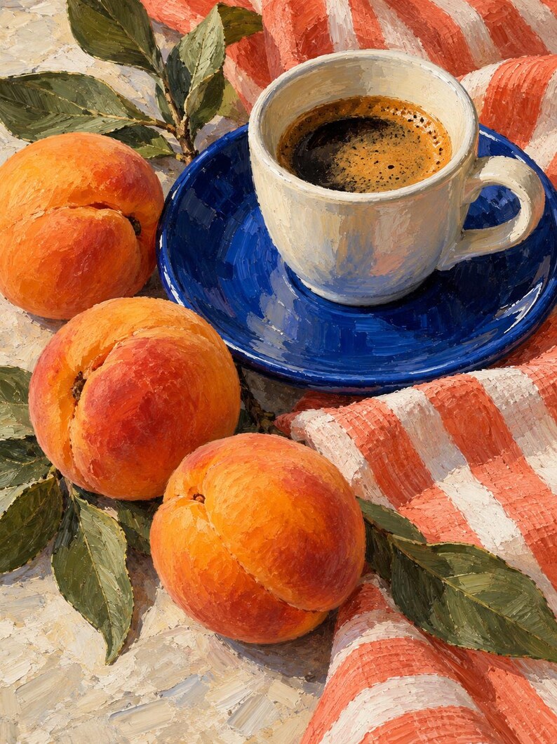 May include: An oil painting depicting three ripe orange peaches with green leaves arranged next to a white ceramic cup filled with dark coffee on a vibrant blue saucer, all resting upon a textured cloth featuring orange and white stripes.