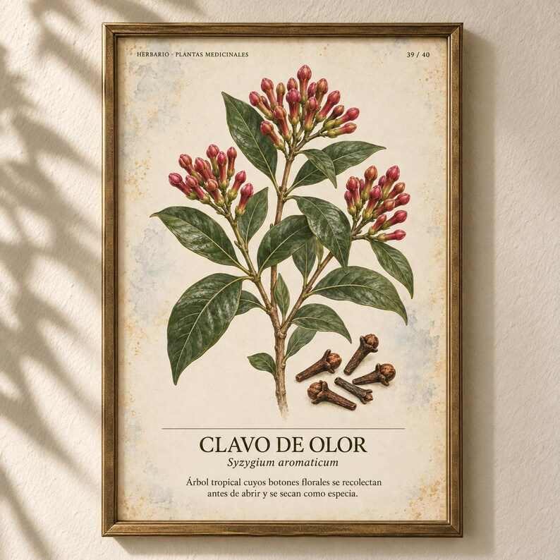Puede incluir: Una l&aacute;mina bot&aacute;nica enmarcada con una ilustraci&oacute;n detallada de un clavero con hojas verdes y capullos rojos. Debajo de la planta hay varios clavos de olor secos. El texto dice HERBARIO PLANTAS MEDICINALES, CLAVO DE OLOR, Syzygium aromaticum.