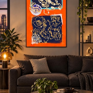 May include: A rectangular wall art piece featuring a vibrant orange background with two dark blue rectangular sections. The artwork displays intricate, thin, light-colored line drawings and scribbles that form abstract shapes across the blue areas.