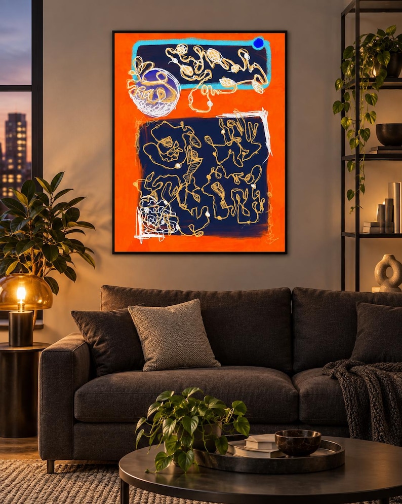 May include: A rectangular wall art piece featuring a vibrant orange background with two dark blue rectangular sections. The artwork displays intricate, thin, light-colored line drawings and scribbles that form abstract shapes across the blue areas.