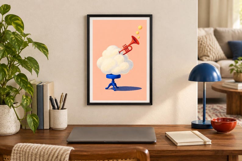 May include: A framed wall art print featuring a surreal illustration on a peach background. A fluffy white cloud sits atop a small blue stool, with a red trumpet emerging from the top, emitting three yellow circular notes into the air.