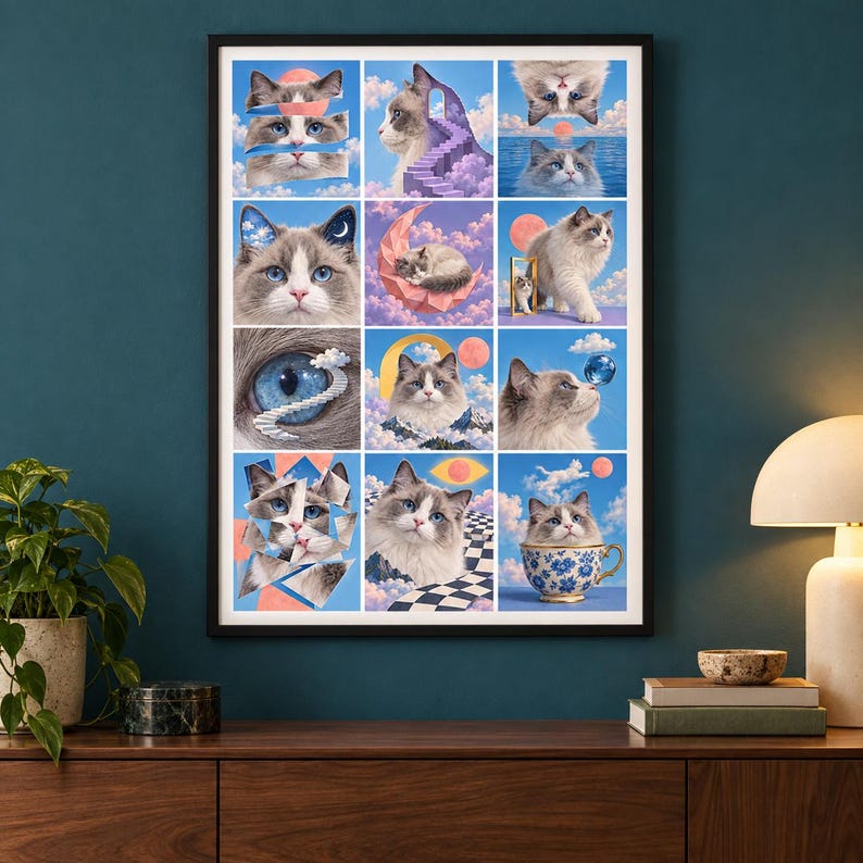 Puede incluir: Una impresi&oacute;n de arte mural rectangular que presenta una cuadr&iacute;cula de doce ilustraciones surrealistas de un gato ragdoll esponjoso. La obra muestra varias escenas on&iacute;ricas que incluyen gatos con escaleras, lunas, nubes, una taza de t&eacute; y patrones geom&eacute;tricos en tonos azules y rosas.