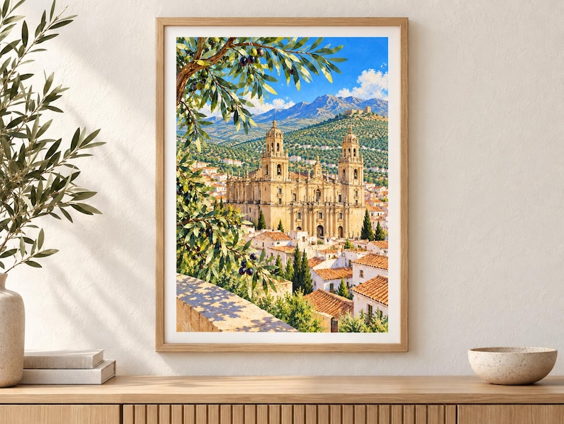 May include: A framed vertical wall art print depicting a sunlit Spanish cathedral with two towers, surrounded by white buildings with terracotta roofs, olive tree branches in the foreground, and distant mountains under a bright blue sky.