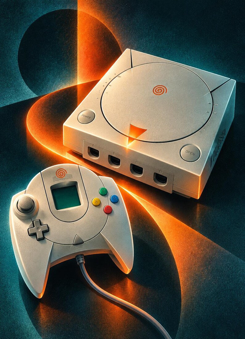 Puede incluir: Una consola de videojuegos Sega Dreamcast de color gris claro y un mando con cable a juego. La consola cuenta con una tapa de disco circular con un logotipo de espiral roja, un bot&oacute;n de encendido y un bot&oacute;n de apertura. El mando incluye una cruceta, un stick anal&oacute;gico, cuatro botones de acci&oacute;n de colores y una ranura central para una tarjeta de memoria.