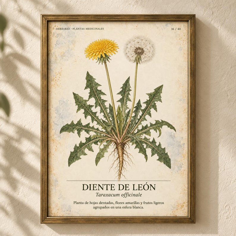 May include: A framed botanical print featuring a dandelion plant with a yellow flower and a white seed head. The text reads HERBARIO - PLANTAS MEDICINALES, 16 / 40, DIENTE DE LE&Oacute;N, Taraxacum officinale, and a description of the plant in Spanish.