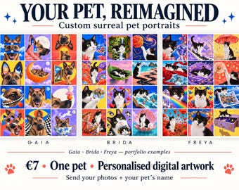Custom Pet Portrait from Photo, Personalised Surreal Cat or Dog Collage, 12 Scene Digital Artwork