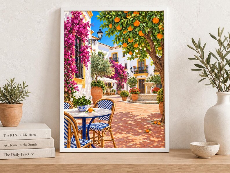 Puede incluir: Una l&aacute;mina de arte enmarcada que representa un soleado patio mediterr&aacute;neo con un edificio blanco, vibrantes buganvillas rosas, un naranjo, una fuente de piedra y una peque&ntilde;a mesa de bistr&oacute; con sillas de rayas azules y blancas en un patio.