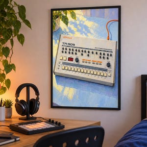 Roland TR-909 väggkonsttryck, färgglad trummaskinsaffisch, digital nedladdning i A3-format bild 3