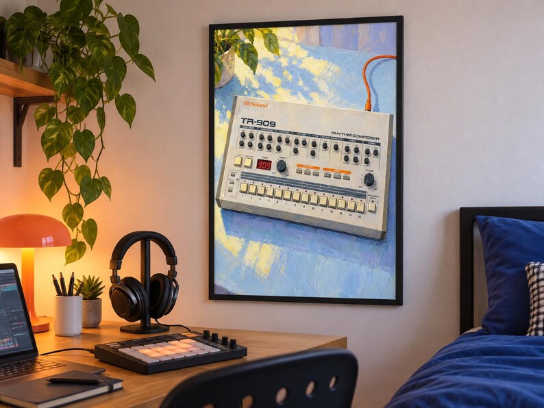 Roland TR-909 väggkonsttryck, färgglad trummaskinsaffisch, digital nedladdning i A3-format bild 3