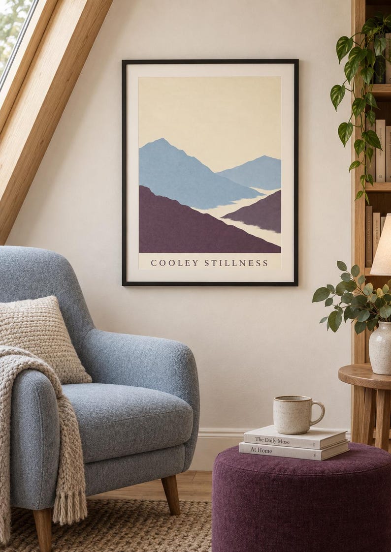 May include: A framed wall art print featuring a landscape illustration of layered mountains in shades of blue and deep purple against a pale cream background. The text "COOLEY STILLNESS" is printed in black capital letters at the bottom of the print.