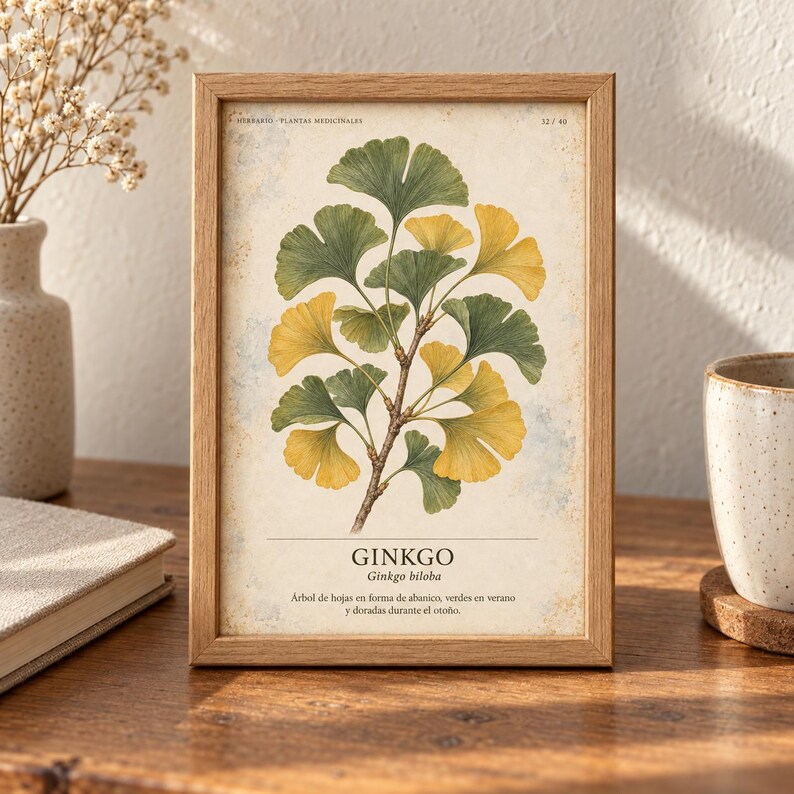 Pu&ograve; includere: Una stampa botanica incorniciata raffigurante un ramo di ginkgo con foglie verdi e gialle a forma di ventaglio. Il testo riporta "HERBARIO PLANTAS MEDICINALES 32/40", "GINKGO", "Ginkgo biloba" e una descrizione in spagnolo sulle foglie.