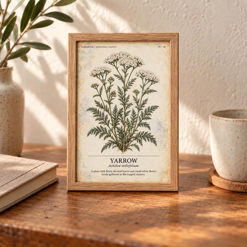 Puede incluir: Un marco de madera rectangular que contiene una l&aacute;mina bot&aacute;nica de una planta milenrama, etiquetada como Achillea millefolium. La l&aacute;mina presenta una ilustraci&oacute;n detallada de racimos de flores blancas y hojas verdes sobre un fondo crema.