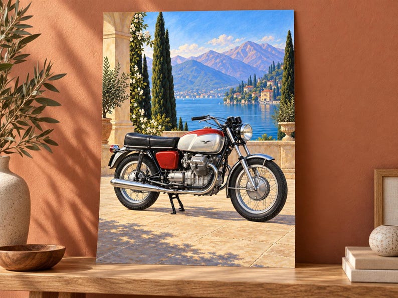 May include: A rectangular wall art print featuring a vintage red and silver motorcycle parked on a stone terrace. The background displays a scenic view of a blue lake, distant mountains, and tall cypress trees under a clear, bright blue sky.