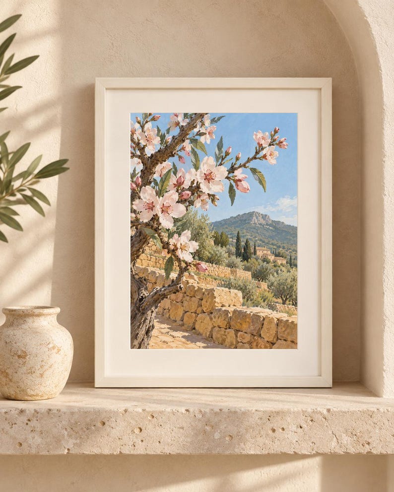 May include: A framed wall art print featuring a landscape painting of a blooming almond tree with light pink flowers in the foreground, set against a stone terrace, olive trees, and a distant mountain under a clear blue sky.
