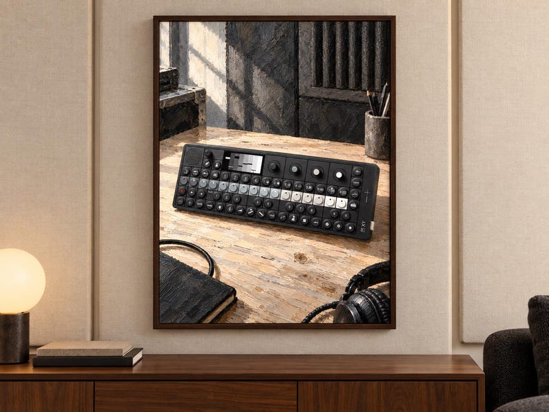 K&ouml;nnte beinhalten: Ein schwarzer tragbarer Synthesizer mit einem zentralen Display, einem Raster aus runden Tasten und mehreren Drehreglern. Das Ger&auml;t befindet sich auf einer hellen Holzoberfl&auml;che, begleitet von einem schwarzen Notizbuch und Kopfh&ouml;rern.
