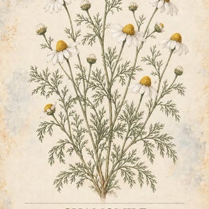 May include: A botanical print titled HERBARIUM MEDICINAL PLANTS 02/40 featuring a detailed illustration of a chamomile plant with white petals, yellow centers, and finely divided green leaves. The text reads CHAMOMILE Matricaria chamomilla.