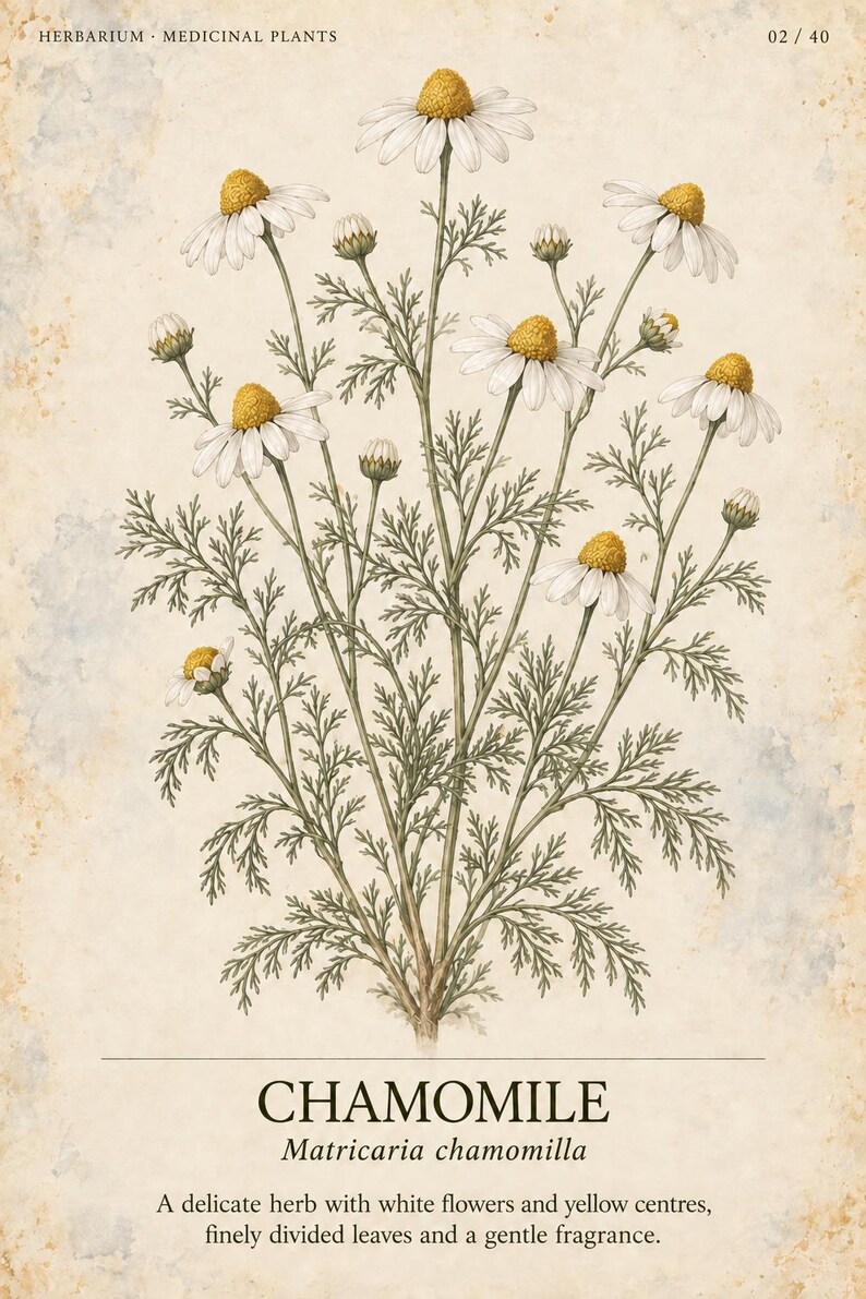 May include: A botanical print titled HERBARIUM MEDICINAL PLANTS 02/40 featuring a detailed illustration of a chamomile plant with white petals, yellow centers, and finely divided green leaves. The text reads CHAMOMILE Matricaria chamomilla.