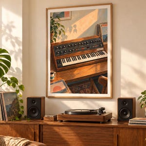Puede incluir: Una impresi&oacute;n de arte de pared enmarcada que representa un sintetizador anal&oacute;gico vintage con chasis de madera, panel de control negro y teclas blancas, sobre un escritorio de madera en una habitaci&oacute;n soleada con una planta.