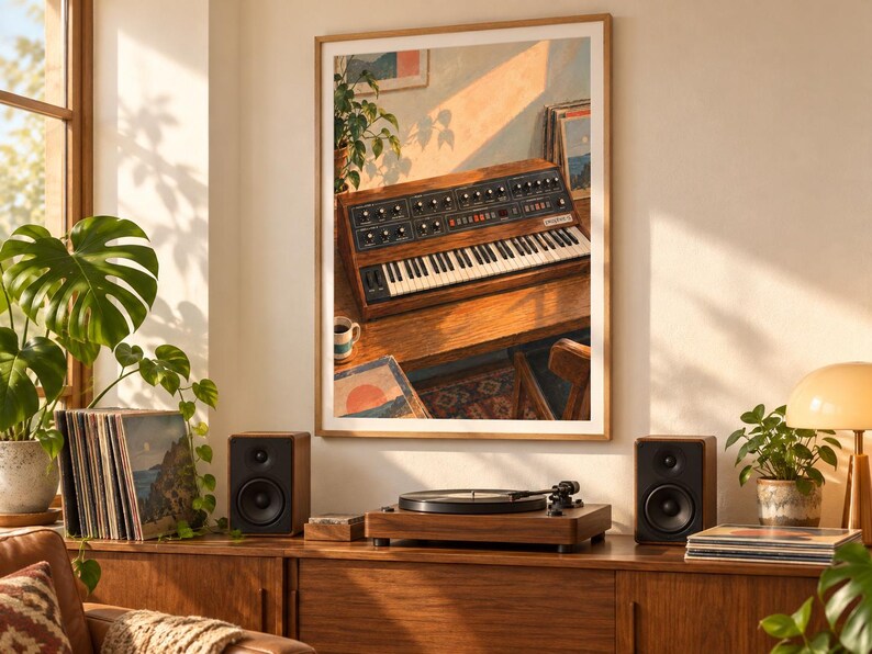 Puede incluir: Una impresi&oacute;n de arte de pared enmarcada que representa un sintetizador anal&oacute;gico vintage con chasis de madera, panel de control negro y teclas blancas, sobre un escritorio de madera en una habitaci&oacute;n soleada con una planta.
