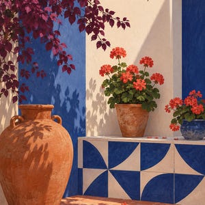 Pu&ograve; includere: Una grande anfora in terracotta si trova accanto a una panca piastrellata con motivi geometrici blu e bianchi. Due vasi in terracotta contengono gerani arancioni, mentre un ramo di bouganville con foglie viola scuro pende sopra.