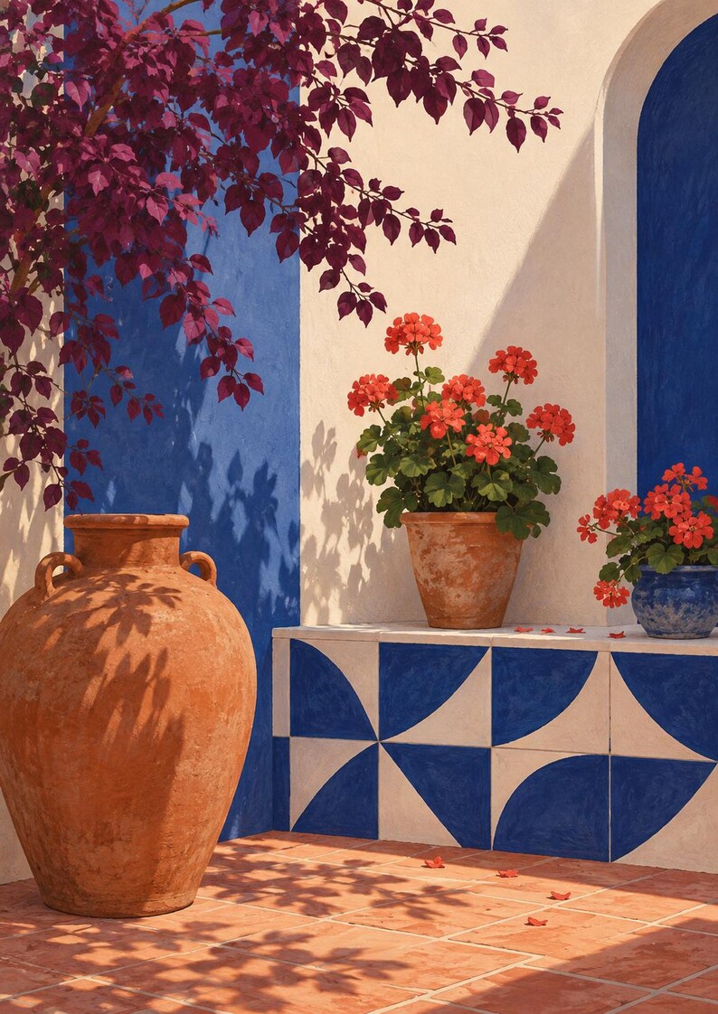 Pu&ograve; includere: Una grande anfora in terracotta si trova accanto a una panca piastrellata con motivi geometrici blu e bianchi. Due vasi in terracotta contengono gerani arancioni, mentre un ramo di bouganville con foglie viola scuro pende sopra.