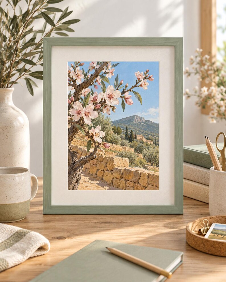 May include: A framed wall art print featuring a landscape painting of a blooming almond tree with light pink flowers in the foreground, a stone wall, and a distant mountain under a clear blue sky, enclosed in a sage green wooden frame.