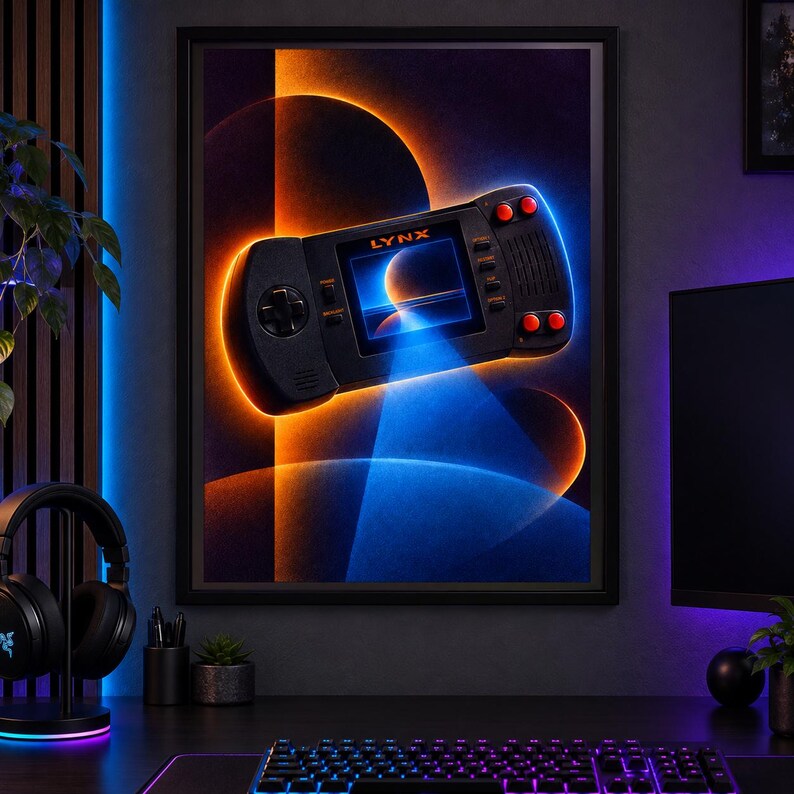 Pu&ograve; includere: Una stampa artistica da parete incorniciata che raffigura una console di gioco portatile nera con la parola LYNX stampata sopra lo schermo. La console &egrave; circondata da effetti di luce arancioni e blu, con un grafico a forma di pianeta sullo schermo.
