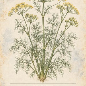Puede incluir: Una l&aacute;mina bot&aacute;nica titulada HERBARIUM MEDICINAL PLANTS 19/40 que presenta una ilustraci&oacute;n detallada de una planta de hinojo con hojas verdes filiformes y racimos de peque&ntilde;as flores amarillas en umbelas anchas, etiquetada FENNEL Foeniculum vulgare.