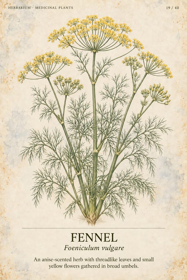 Puede incluir: Una l&aacute;mina bot&aacute;nica titulada HERBARIUM MEDICINAL PLANTS 19/40 que presenta una ilustraci&oacute;n detallada de una planta de hinojo con hojas verdes filiformes y racimos de peque&ntilde;as flores amarillas en umbelas anchas, etiquetada FENNEL Foeniculum vulgare.